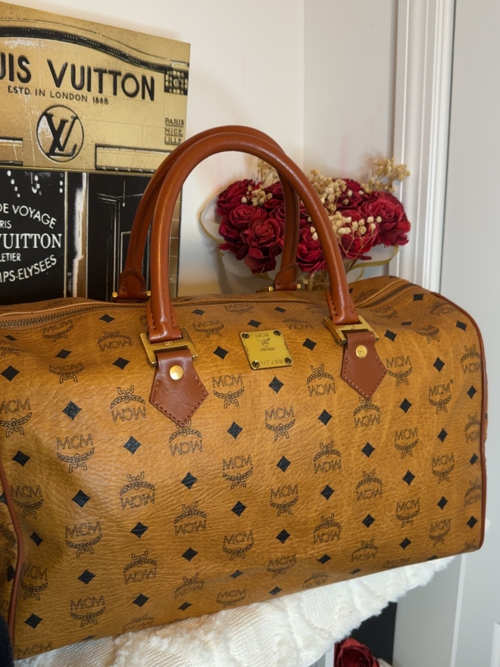 MCM Cognac Visetos Monogram Duffel with Brown Leather Handles